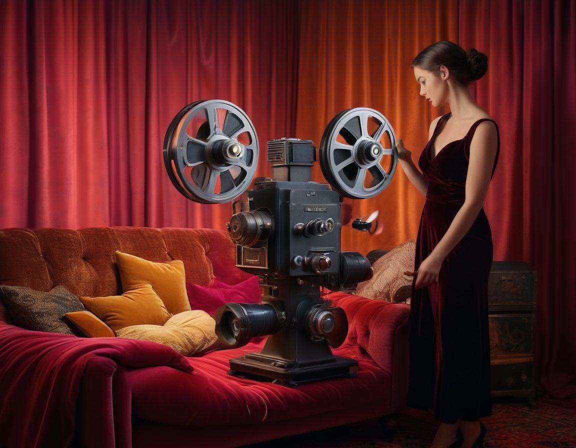 A captivating scene featuring an elegant vintage film projector casting vibrant colors on a silk backdrop, with scattered film reels and plush velvet cushions; suggestive silhouettes of couples in passionate poses fade into the background, embodying the allure of adult entertainment. sultry lighting. super-realistic. vibrant colors. cinematic atmosphere.