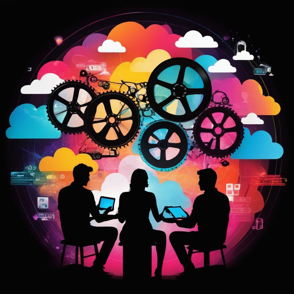 A vibrant and dynamic illustration showcasing the evolution of adult video content, featuring a digital spectrum with icons representing X-rated films transitioning into streaming platforms. Include silhouettes of diverse people engaged with devices like tablets and smartphones, symbolizing accessibility and modernity. The background should fade from dark to light tones, representing the changing perceptions over time. Incorporate abstract film reels and digital clouds to emphasize the duality of traditional and contemporary media. abstract art. vibrant colors. modern design.