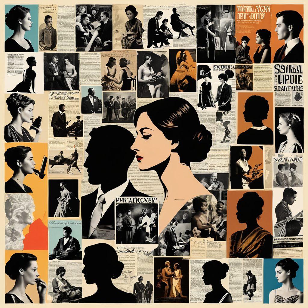 An artfully designed collage showing various forms of sensual content throughout history, intertwined with societal reactions. Include vintage magazines, modern digital devices displaying adult content, and silhouettes of people engaging in thoughtful discussion. The background should hint at a blend of iconic moments in social change, such as protests and gatherings. Use warm tones to convey intimacy and thoughtfulness. super-realistic. vibrant colors. artistic collage.